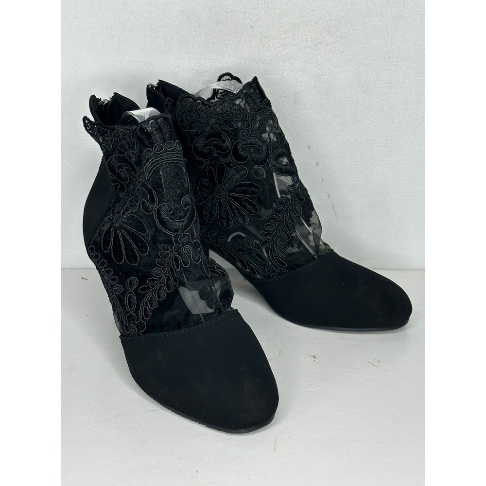 Black Floral Lace Mesh Ankle Boots Studded Block Heel Pointed WitchyToe Size 39